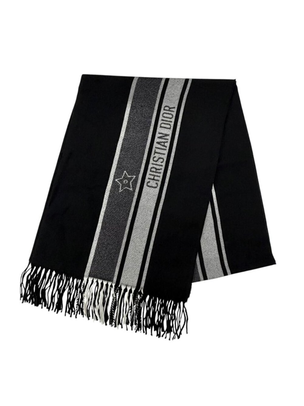 Dior Wool Logo Scarf with Fringe Black Gray 200 Width 70